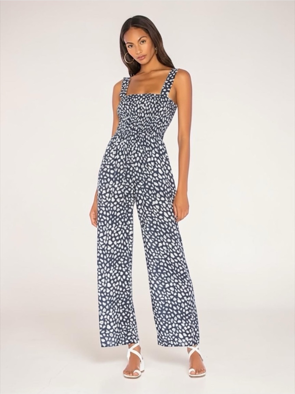 Tiare Hawaii Navy White Smocked Wide Leg Jumpsuit Resortwear NWOT